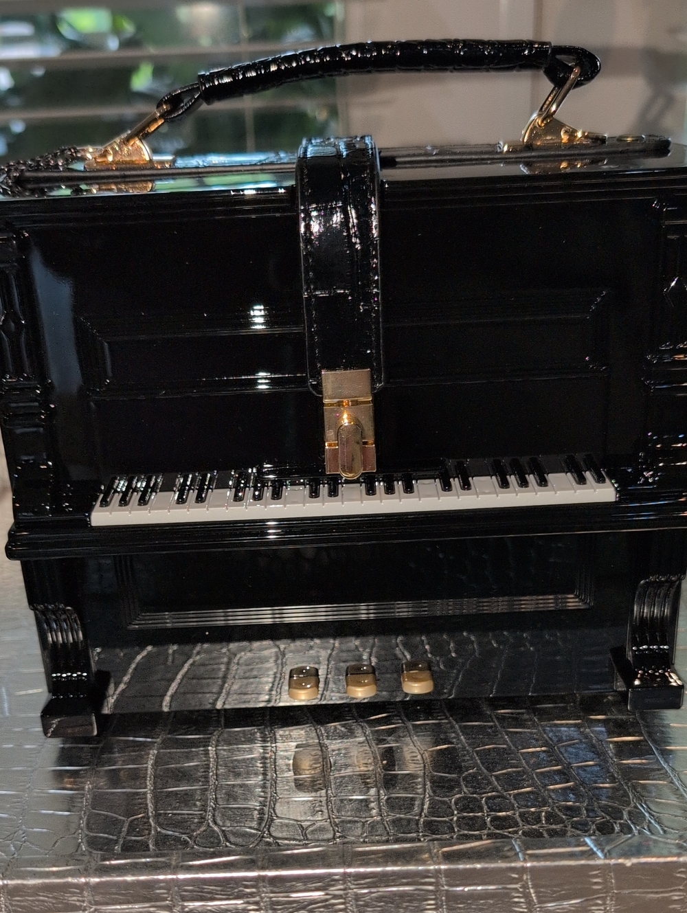 Black Piano-Shaped Crossbody Bag with Gold Accents - NWT